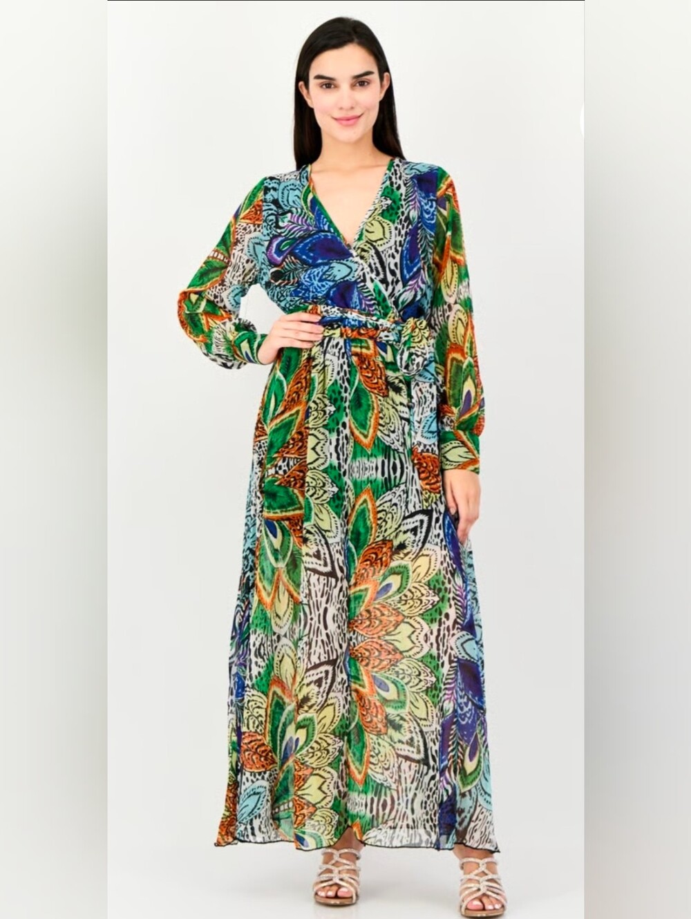Bandolino Brand Women Allover Print Belted Maxi Dress, Multicolor Size L - Picture 6 of 6